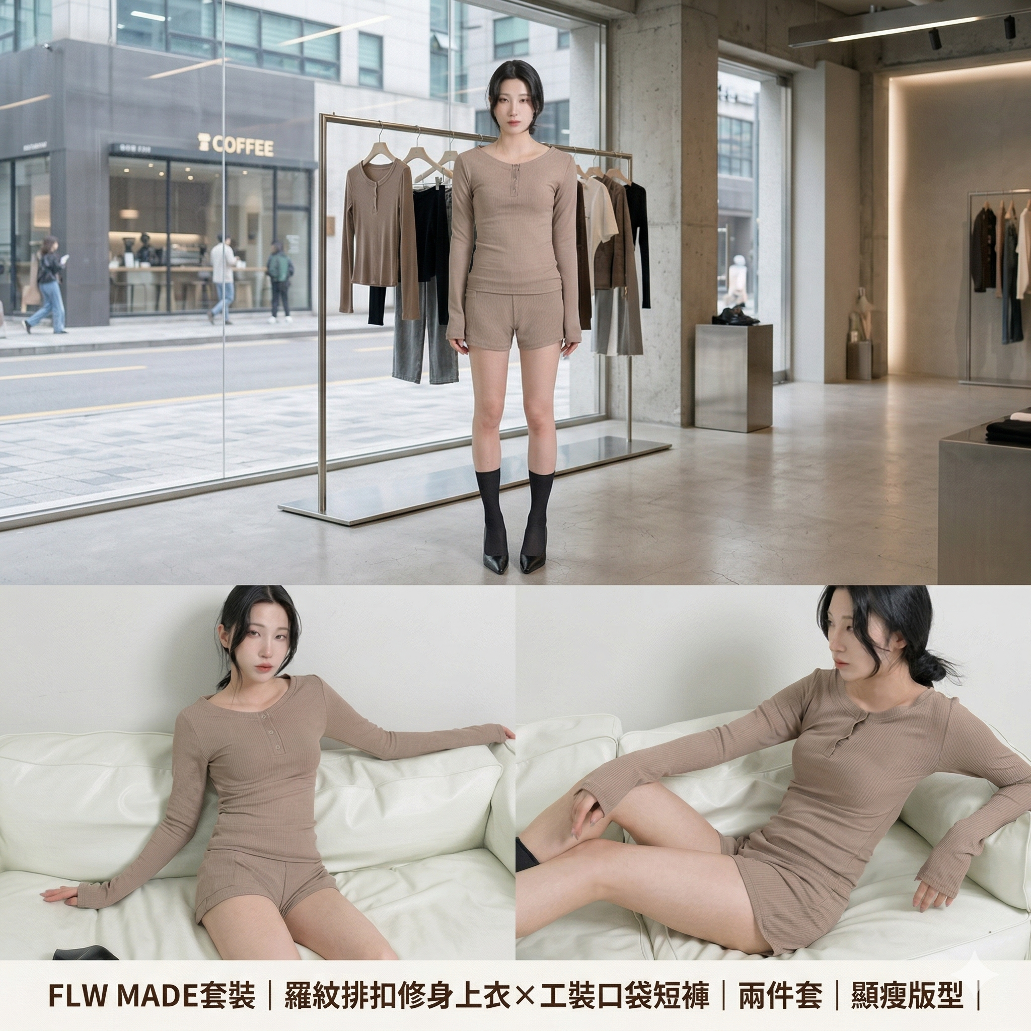 【預購】J0409606　FLW MADE套裝｜羅紋排扣修身上衣×工裝口袋短褲｜兩件套｜顯瘦版型｜女裝　米色