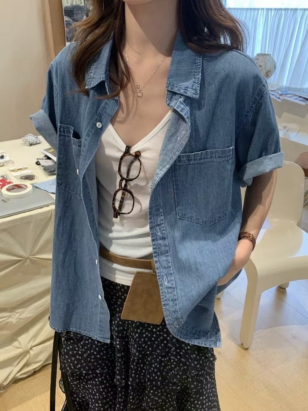 163 薄款短袖牛仔襯衫