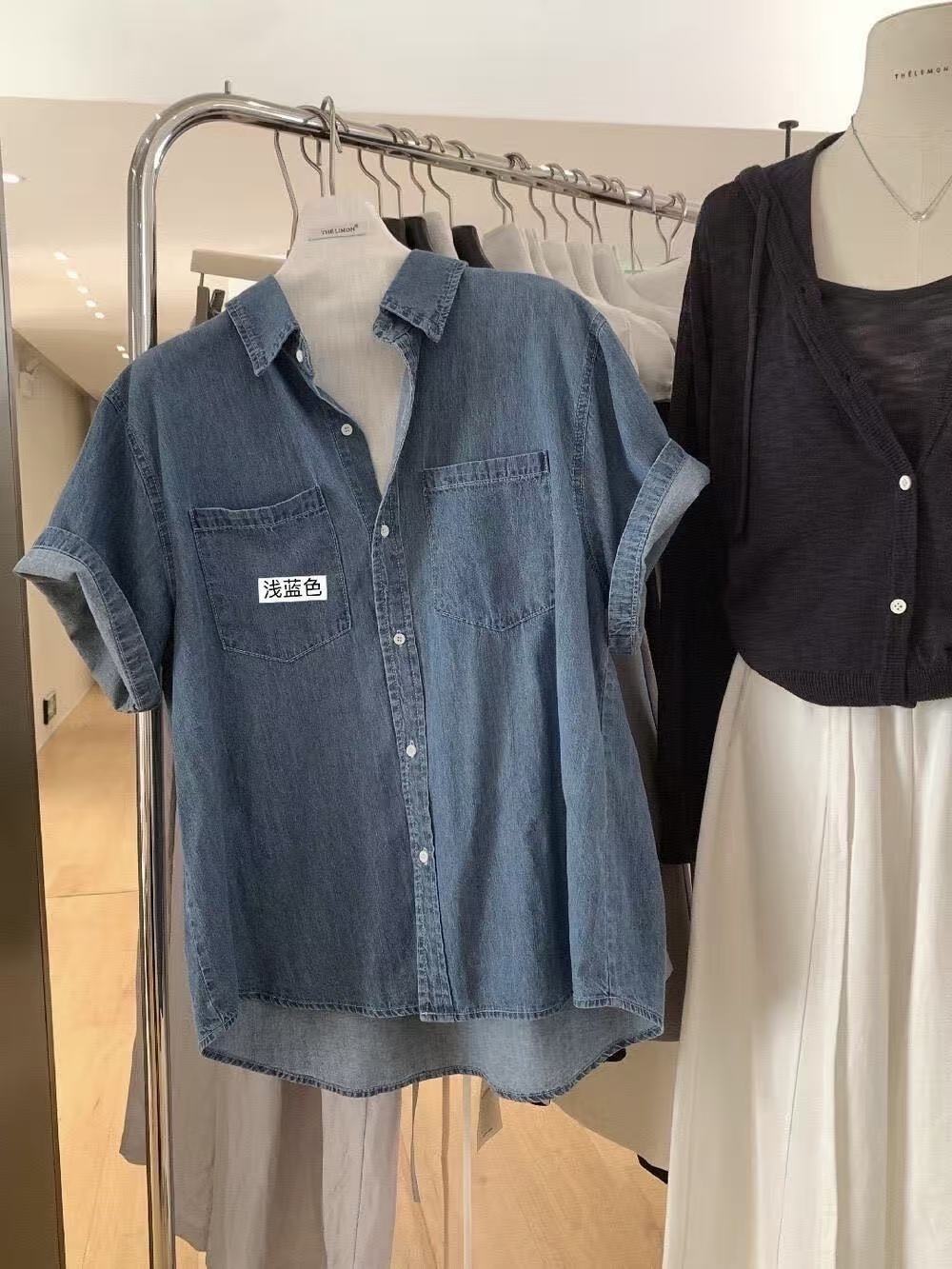 163 薄款短袖牛仔襯衫