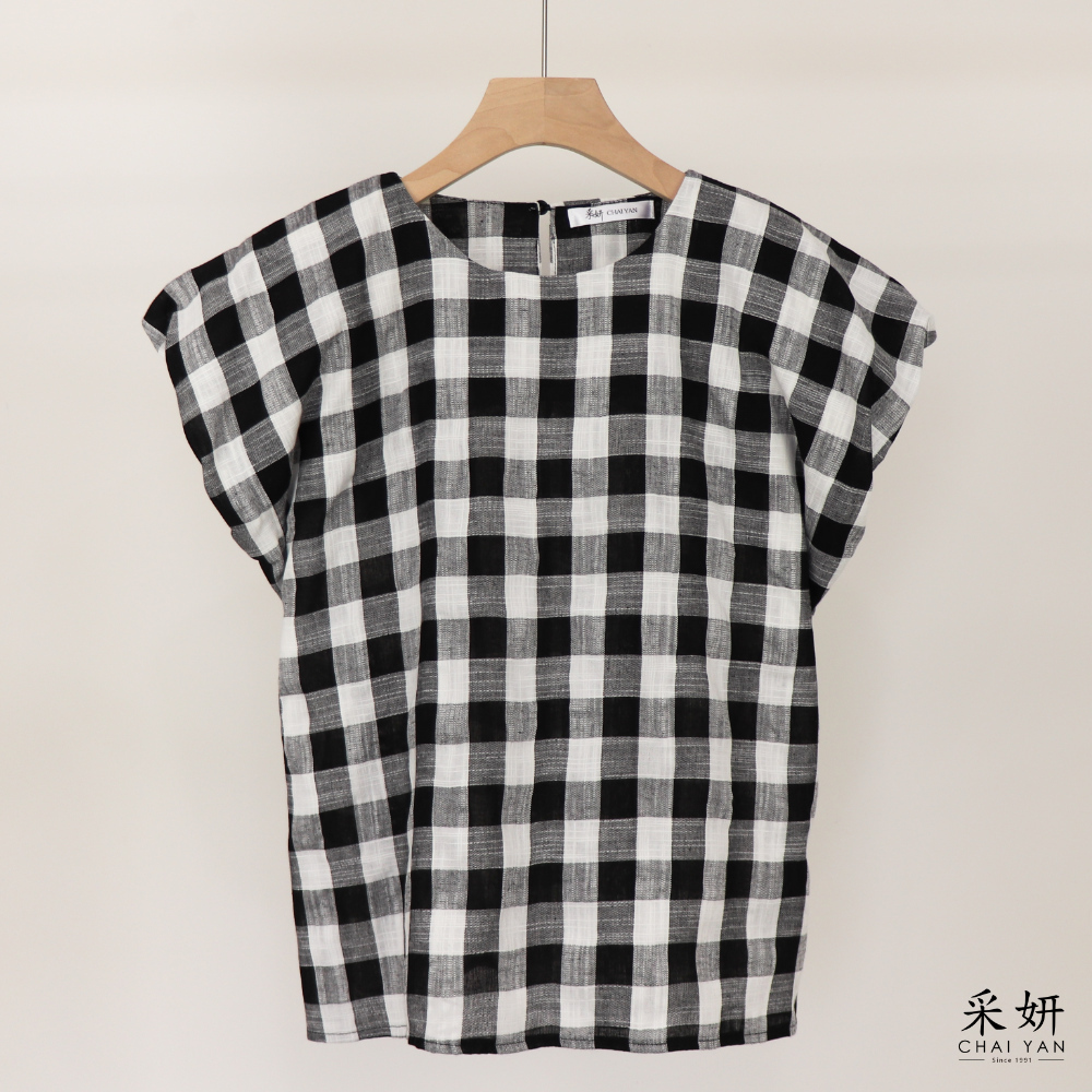 背岔黑白格連肩棉麻短袖上衣