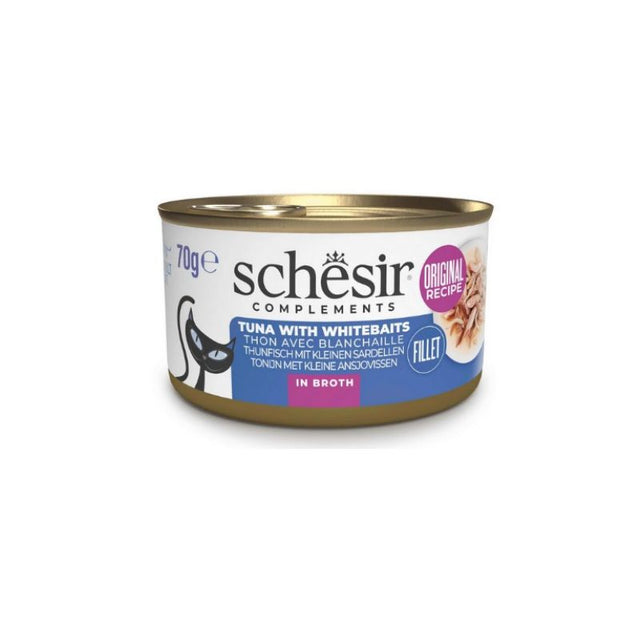 [轉包裝冇轉配方] Schesir - 魚湯罐系列 - 全天然吞拿魚白飯魚 (藍) Tuna with Whitebaits in Fish Broth 70g (每24罐@$14.5, 48罐@$14可混其他同價Schesir罐)