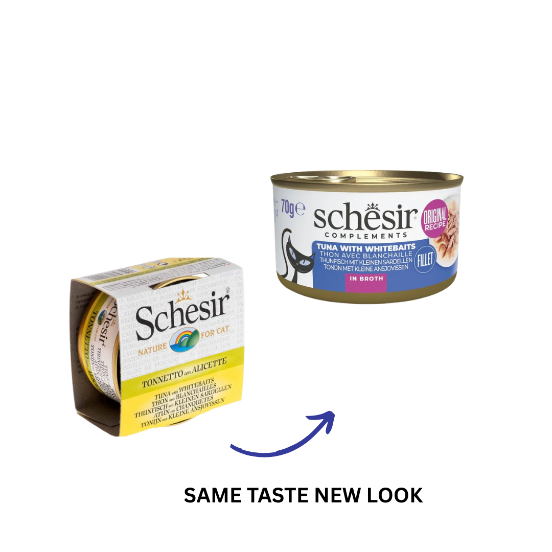 [轉包裝冇轉配方] Schesir - 魚湯罐系列 - 全天然吞拿魚白飯魚 (藍) Tuna with Whitebaits in Fish Broth 70g (每24罐@$14.5, 48罐@$14可混其他同價Schesir罐)