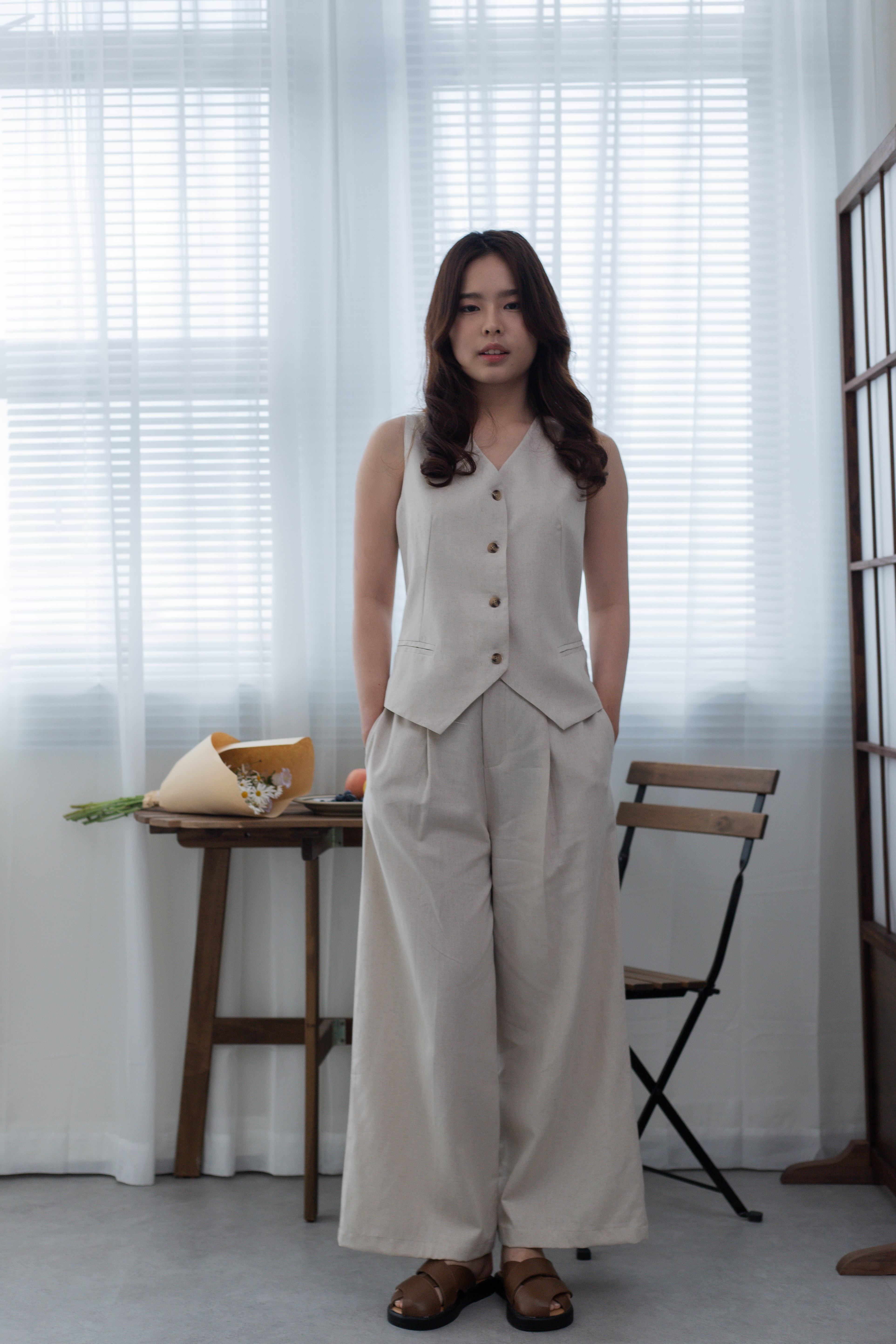 Cecile Linen Straight Leg Pants Beige- 2673PBEI