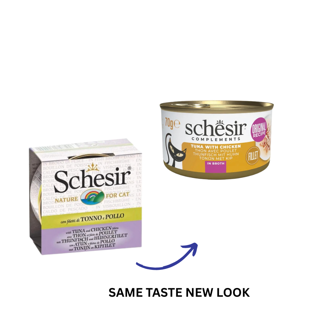 [轉包裝冇轉配方] Schesir - 魚湯罐系列 - 全天然吞拿魚雞肉 (黃) Tuna with Chicken in Fish Broth 70g (每24罐@$14.5, 48罐@$14可混其他同價Schesir罐)