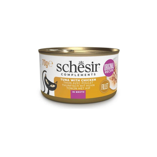 [轉包裝冇轉配方] Schesir - 魚湯罐系列 - 全天然吞拿魚雞肉 (黃) Tuna with Chicken in Fish Broth 70g (每24罐@$14.5, 48罐@$14可混其他同價Schesir罐)