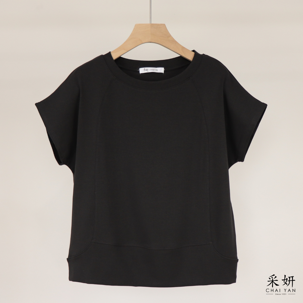 素面拚接連肩短袖上衣