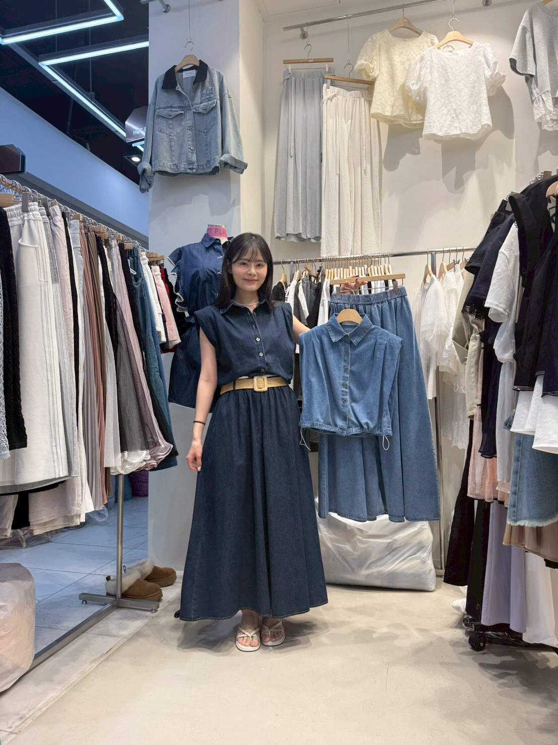 HP6003 波希米亞牛仔上衣半裙皮帶套裝