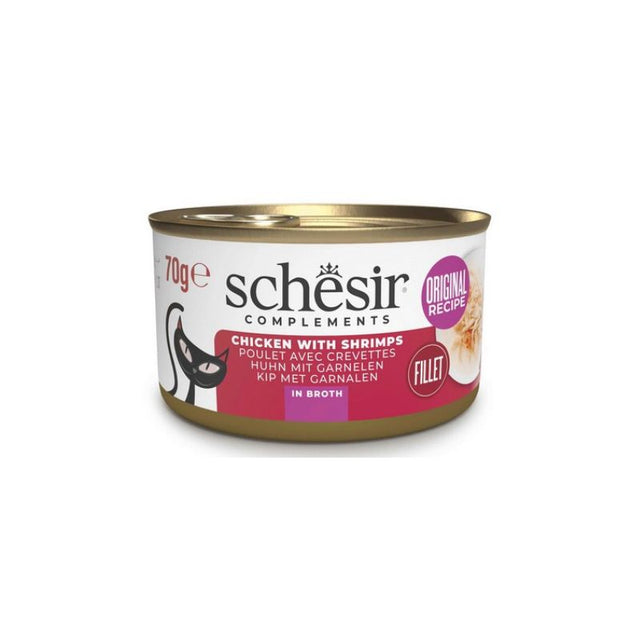 [轉包裝冇轉配方] Schesir - 雞湯罐系列 - 全天然雞肉鮮蝦 (深紅) Chicken with Shrimps in Chicken Broth 70g (每24罐@$14.5, 48罐@$14可混其他同價Schesir罐)