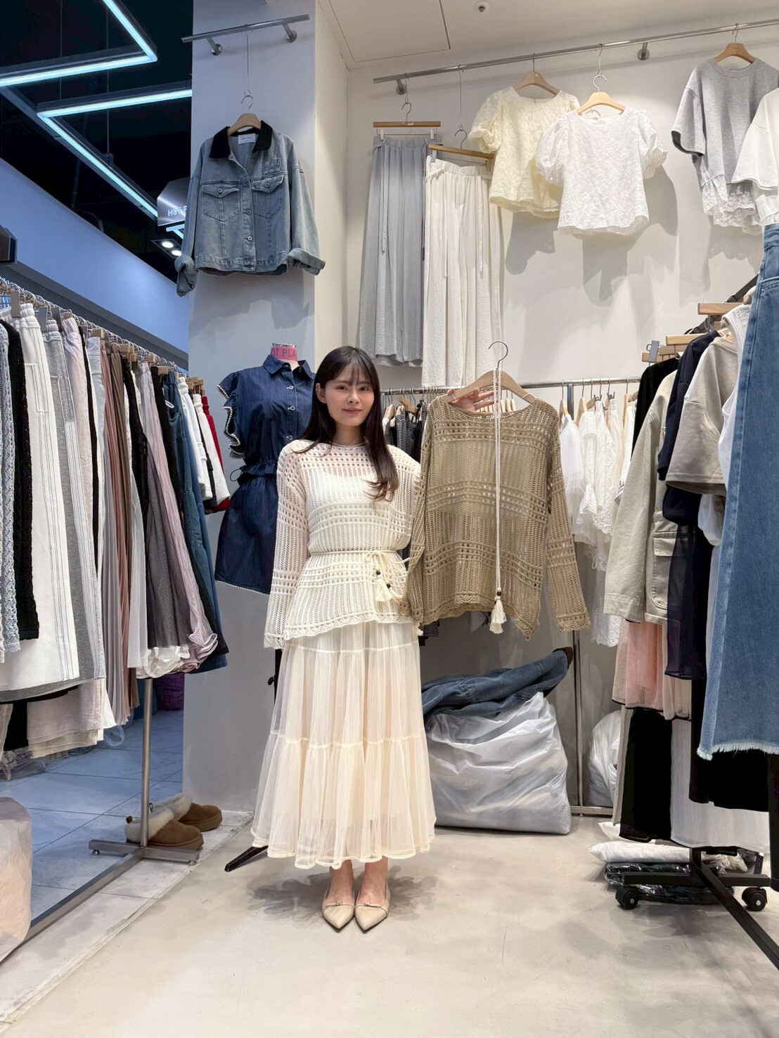 HP6008 鏤空格子針織半裙套裝