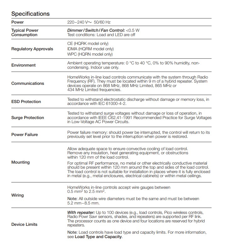 路創 HQRQ-R6ANS-240 HOMEWORKS 在線開關負載控制器
