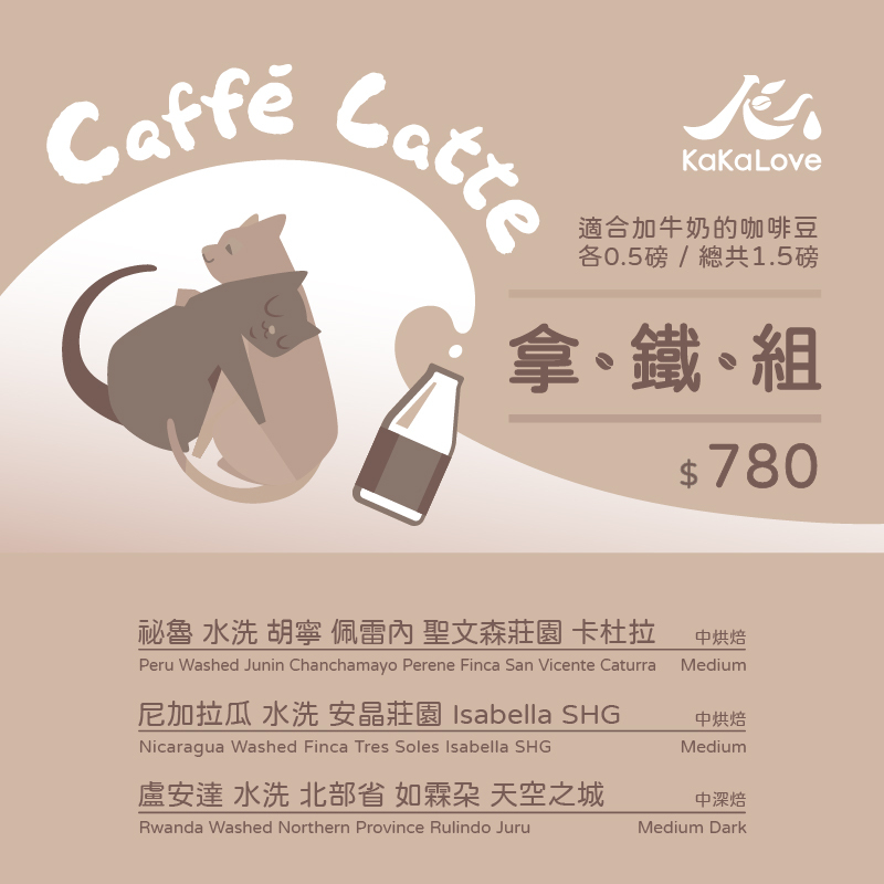 拿鐵組：祕魯 聖文森+尼加拉瓜 安晶莊園 Isabella+盧安達 天空之城，3支共1.5磅