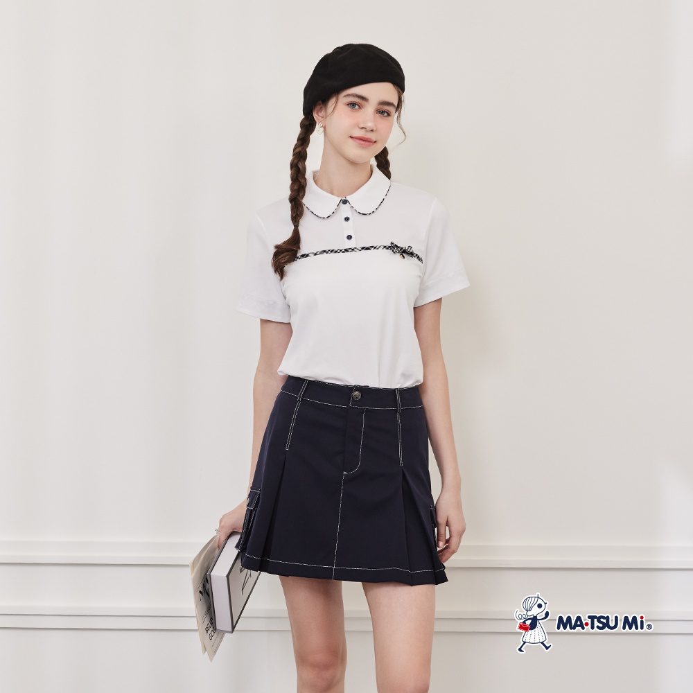 MA‧TSU Mi 甜美學院風格紋蝴蝶結造型POLO上衣(粉.深藍)