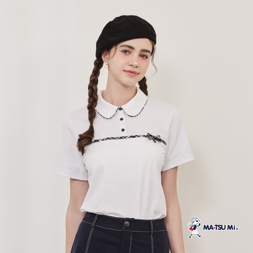 MA‧TSU Mi 甜美學院風格紋蝴蝶結造型POLO上衣(粉.深藍)