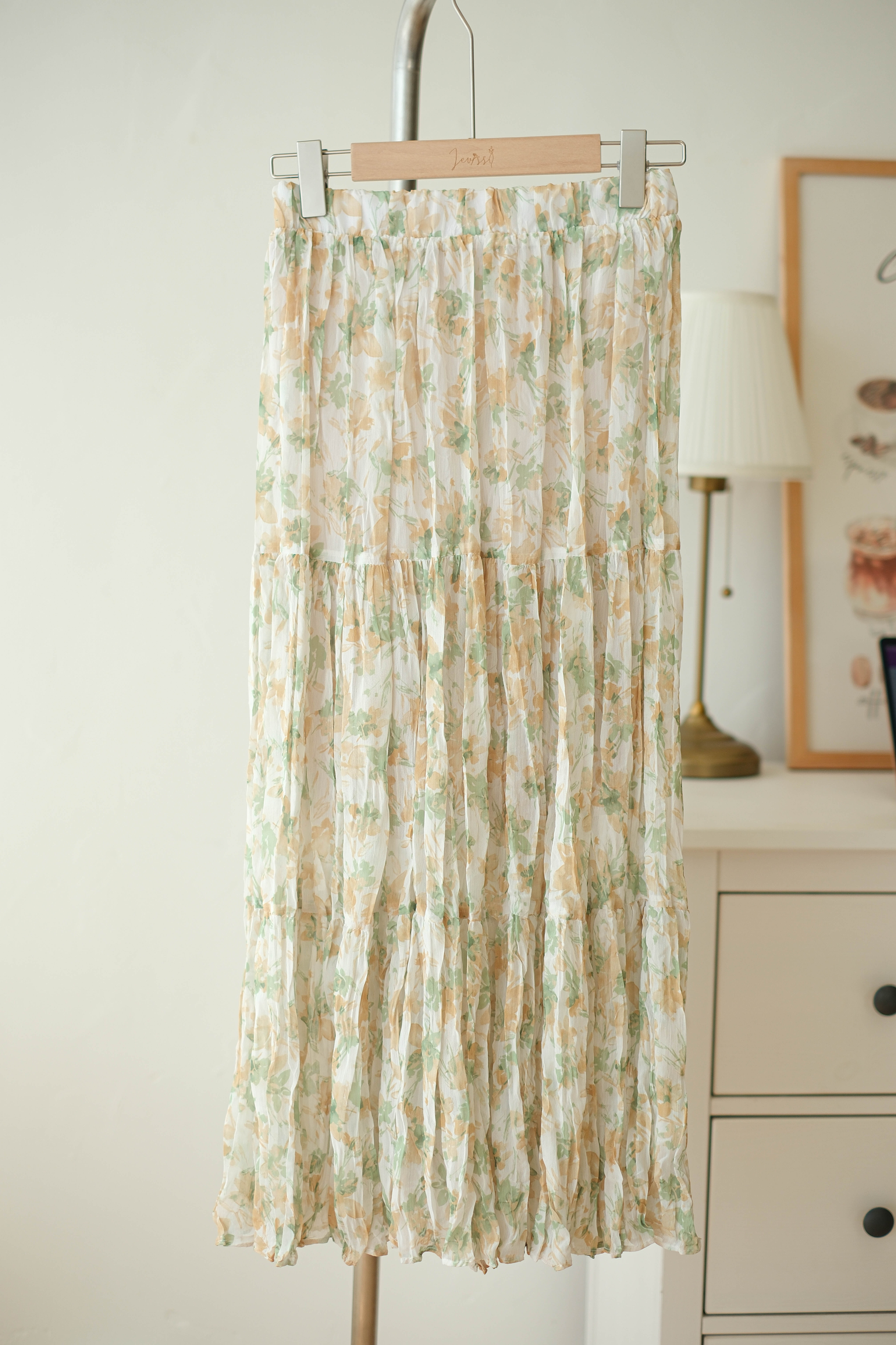 清新田園風～免燙皺皺雪紡印花長裙 (藍綠/黃綠) BT489