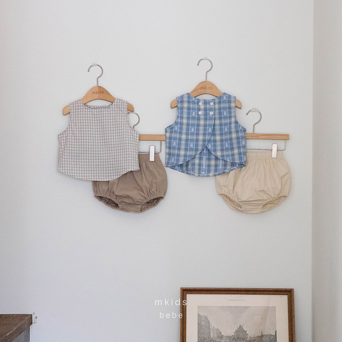 正韓夏mkids 兩色方格/熊熊套裝