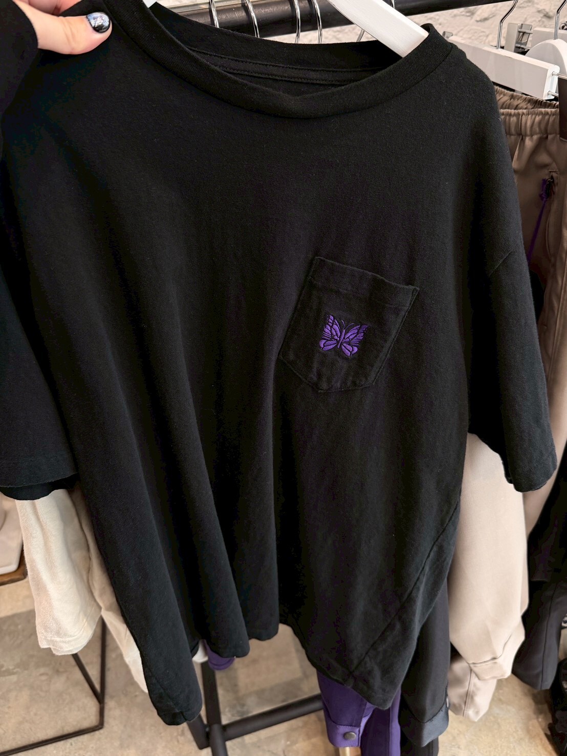NEEDLES Black and Purple Embroidered Butterfly Logo Pocket Short-Sleeve T-Shirt