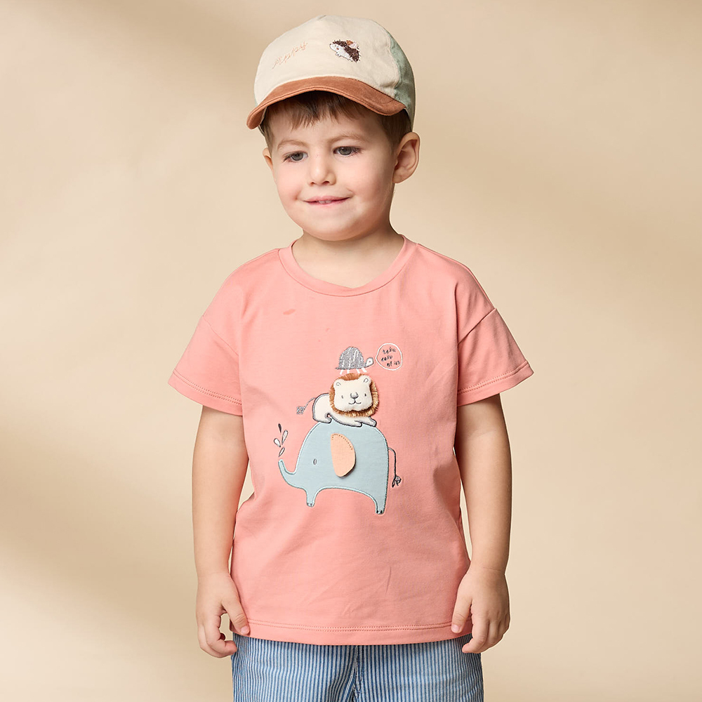 PIPPY 可愛小象同樂袖花圓領短袖上衣 桔