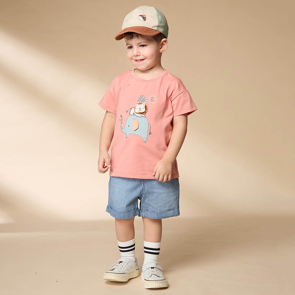 PIPPY 可愛小象同樂袖花圓領短袖上衣 桔