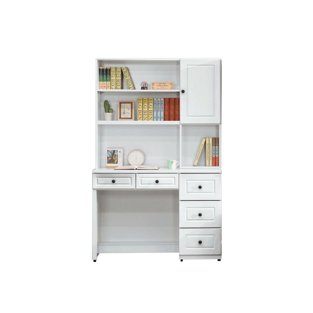 柏蒂家居-茉妮3.8尺五抽白色學習書桌(上座+下座)