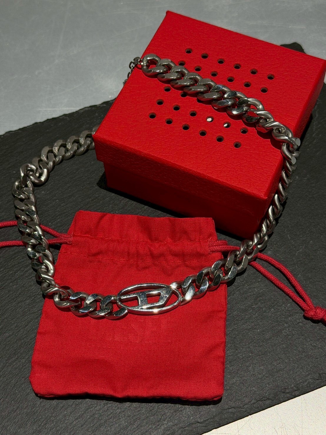 DIESEL 經典款D Logo銀色古巴項鍊 古巴鏈