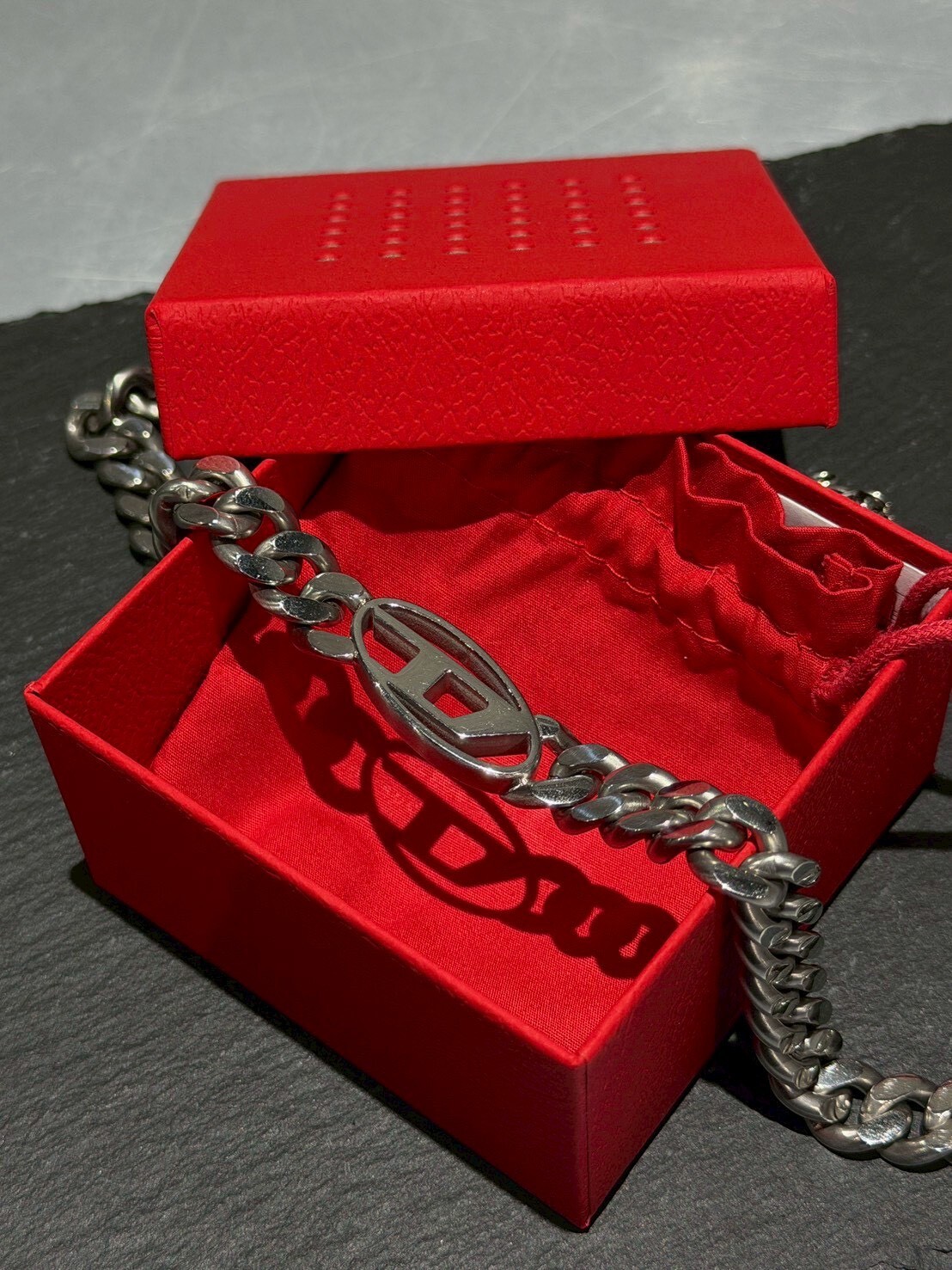 DIESEL 經典款D Logo銀色古巴項鍊 古巴鏈