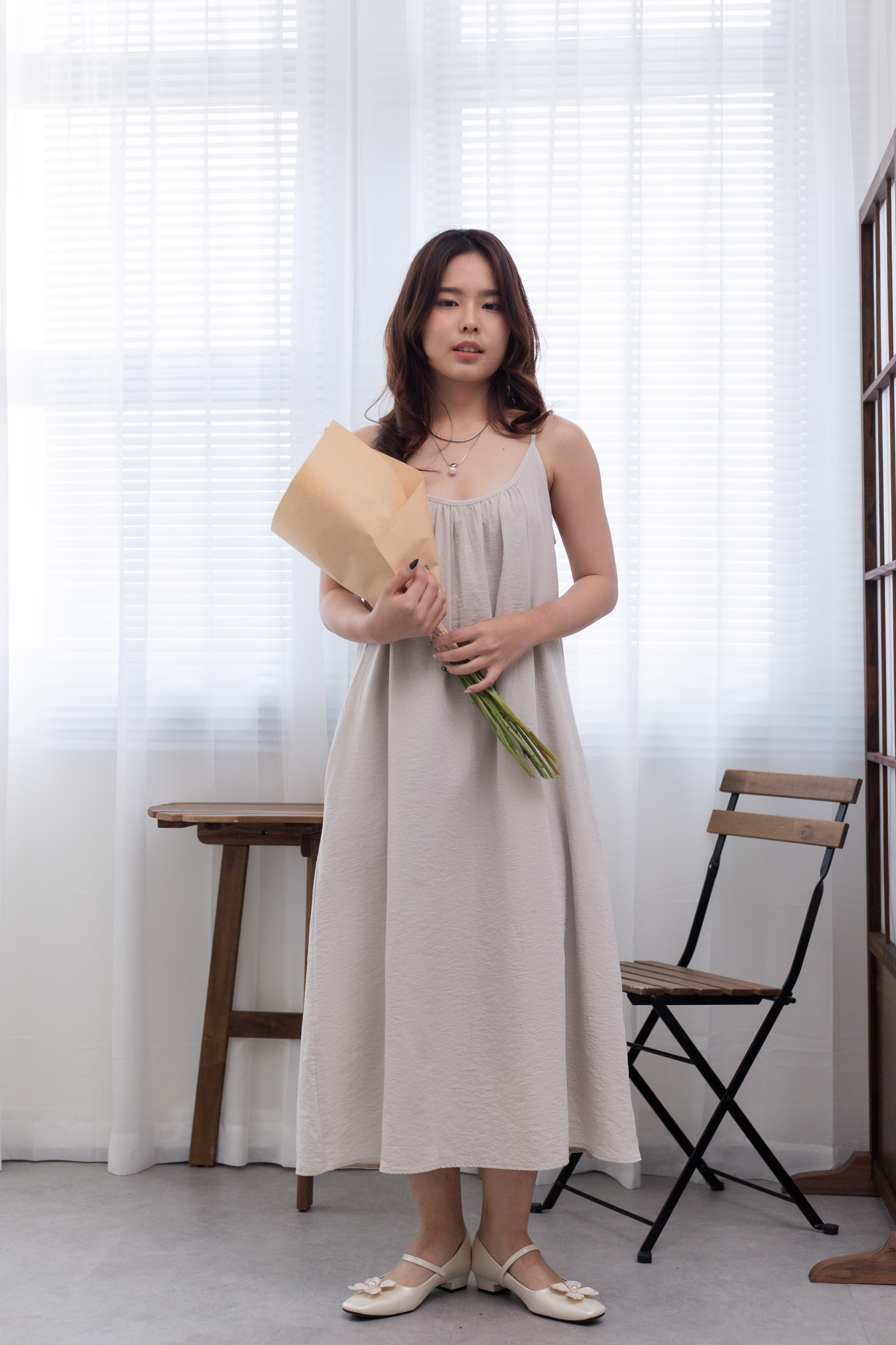 Della Linen Gathered Dress Beige - 2674DLBEI