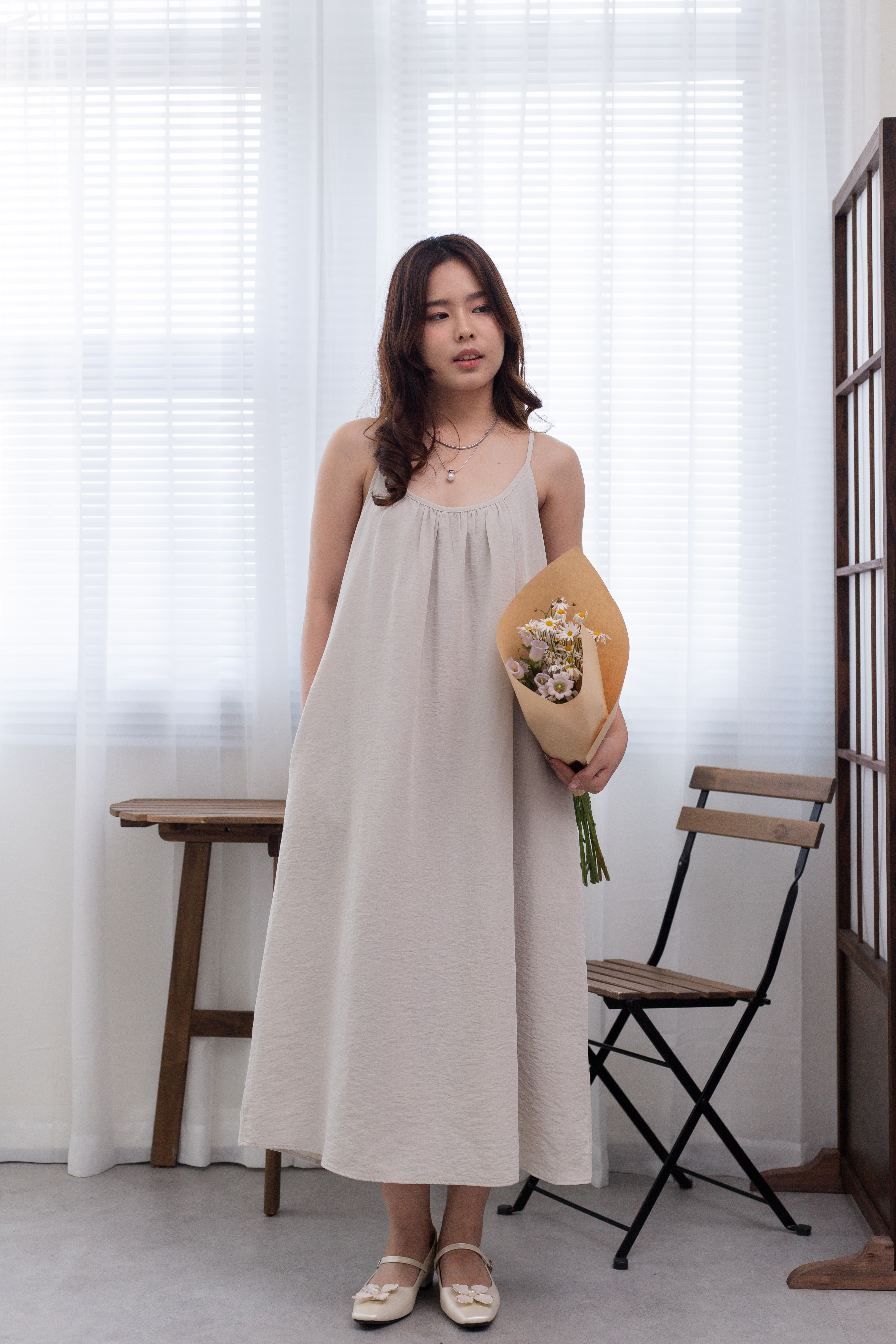 Della Linen Gathered Dress Beige - 2674DLBEI