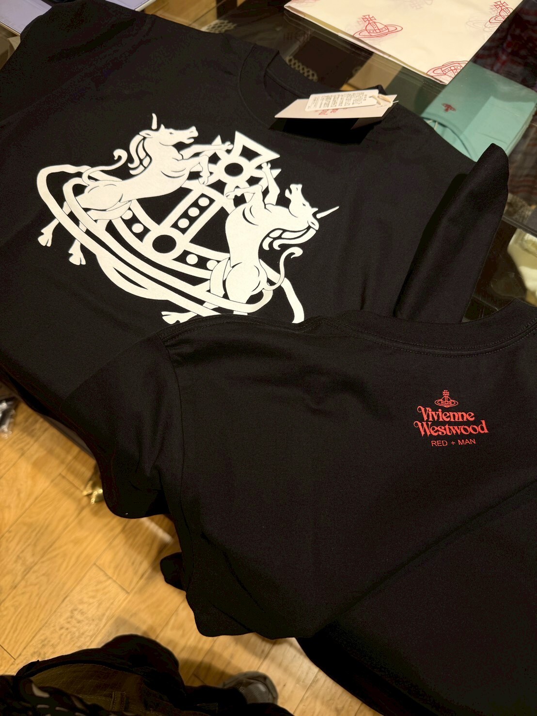 Exclusive in-stock discount: Vivienne Westwood Year of the Horse limited edition black short-sleeved T-shirt with large Saturn logo.