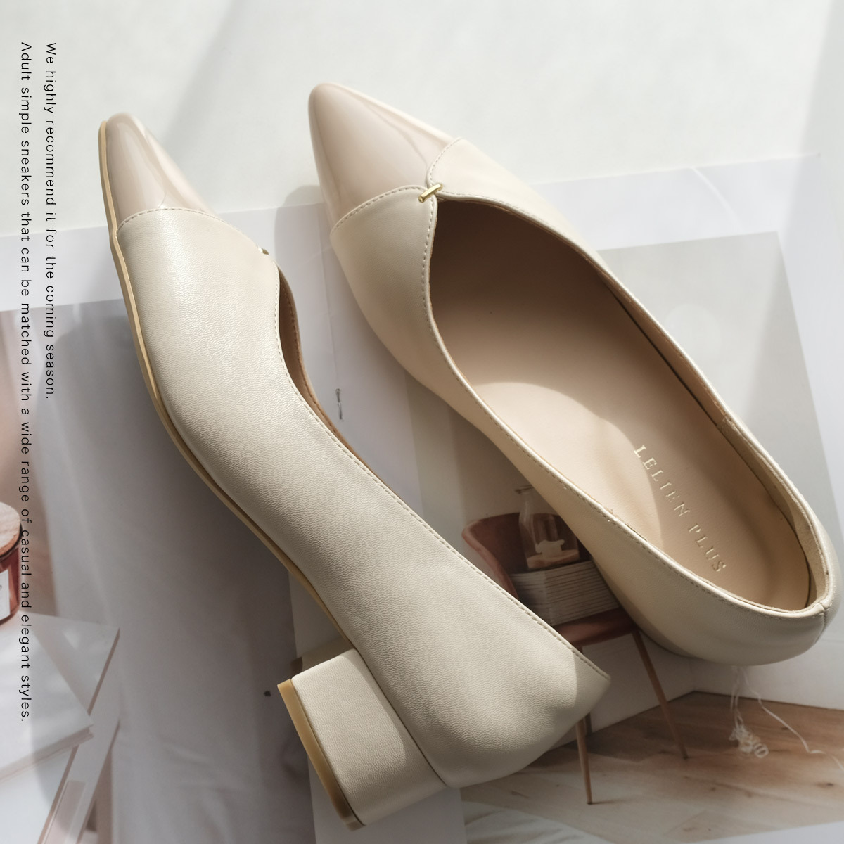 成熟溫柔 尖頭V型切割金飾跟鞋【CX3068】