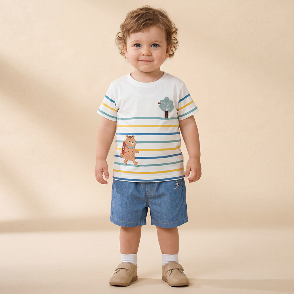 PIPPY 清爽印條圓領短袖上衣 米白