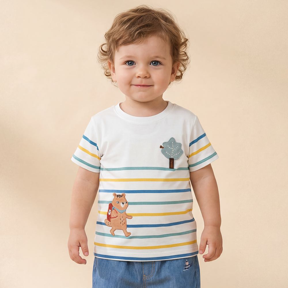 PIPPY 清爽印條圓領短袖上衣 米白