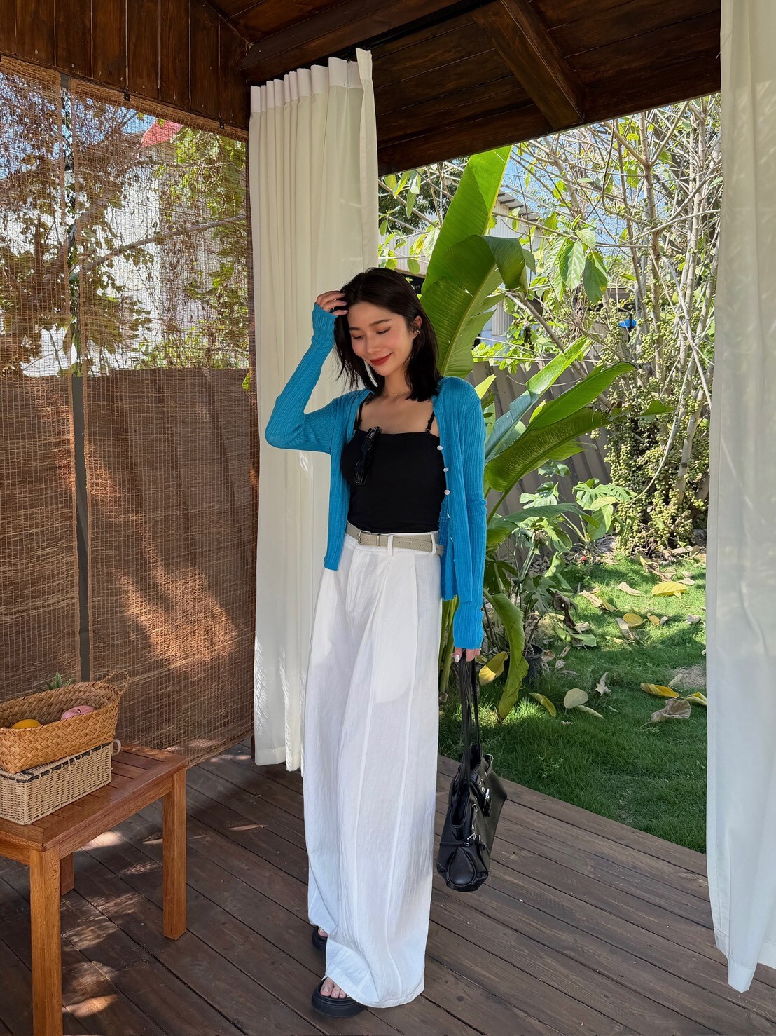 棉麻後鬆緊高腰寬褲(附皮帶)