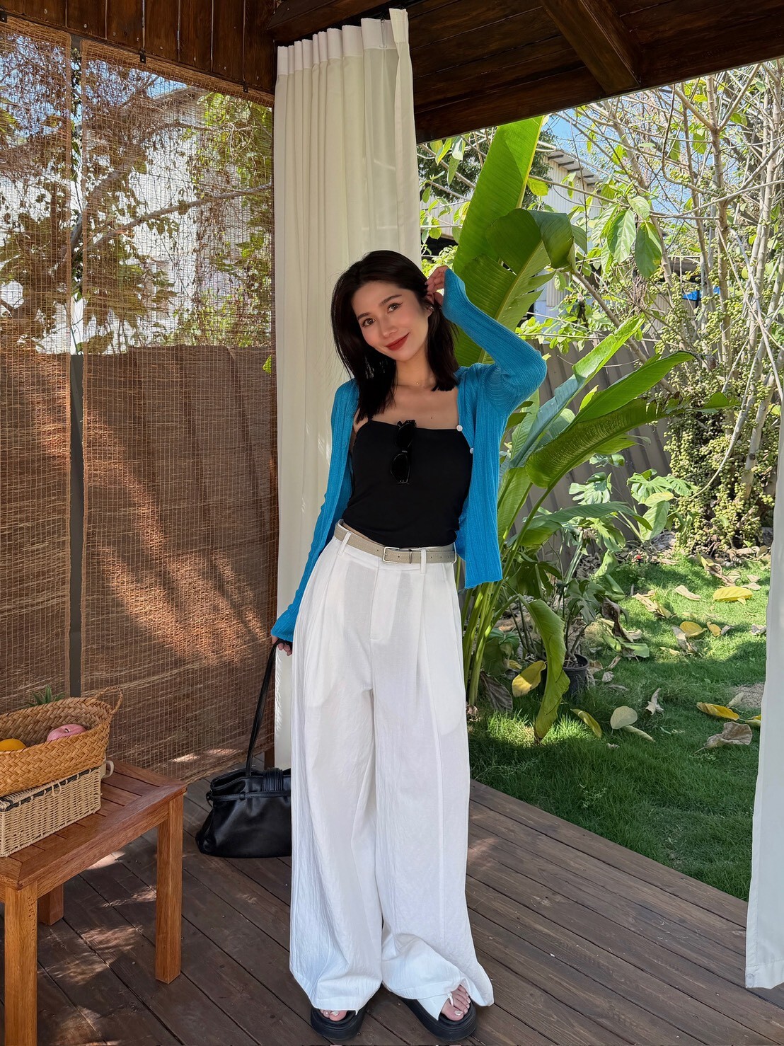 棉麻後鬆緊高腰寬褲(附皮帶)