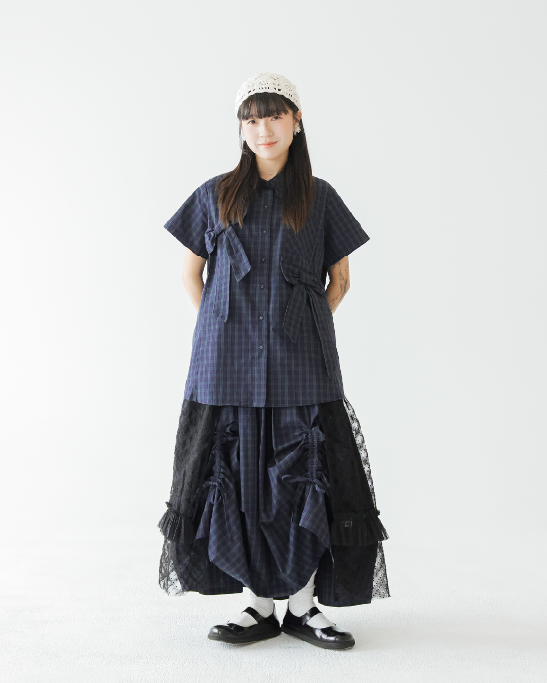 【 Kiki.co made 】Short Sleeve Ribbon Broad Shirt - Plaid