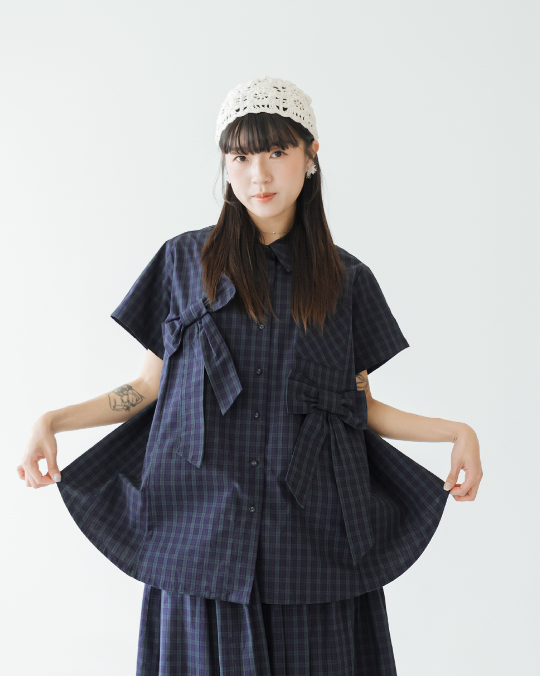 【 Kiki.co made 】Short Sleeve Ribbon Broad Shirt - Plaid
