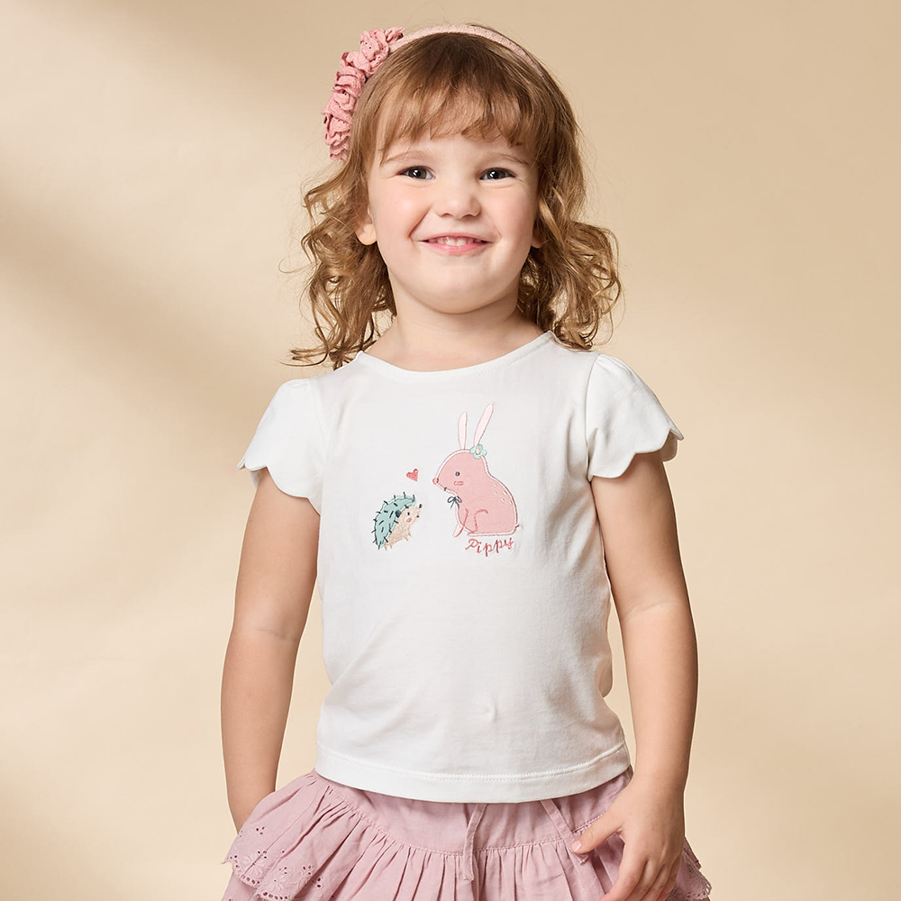 PIPPY LOVE小刺蝟與兔子涼感圓領短袖上衣 米白