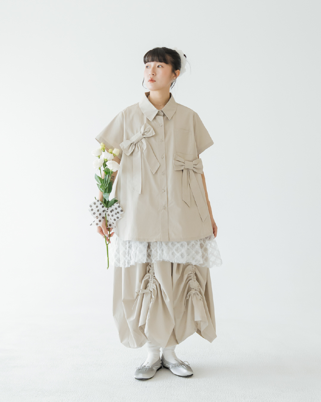 【 Kiki.co made 】Short Sleeve Ribbon Broad Shirt - Sand Green