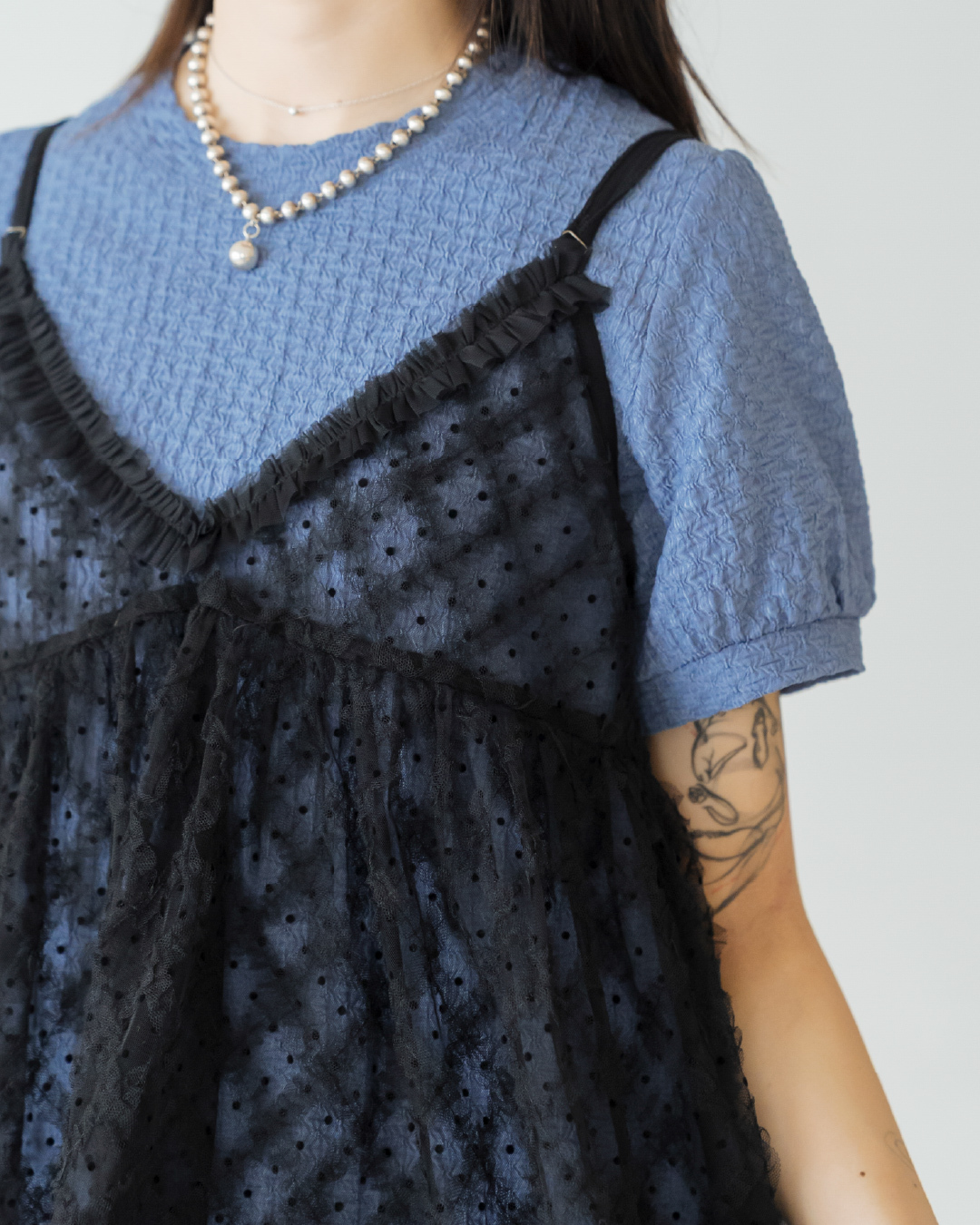 【 Kiki.co made 】Plaid Mesh Multi Slip Top - Black