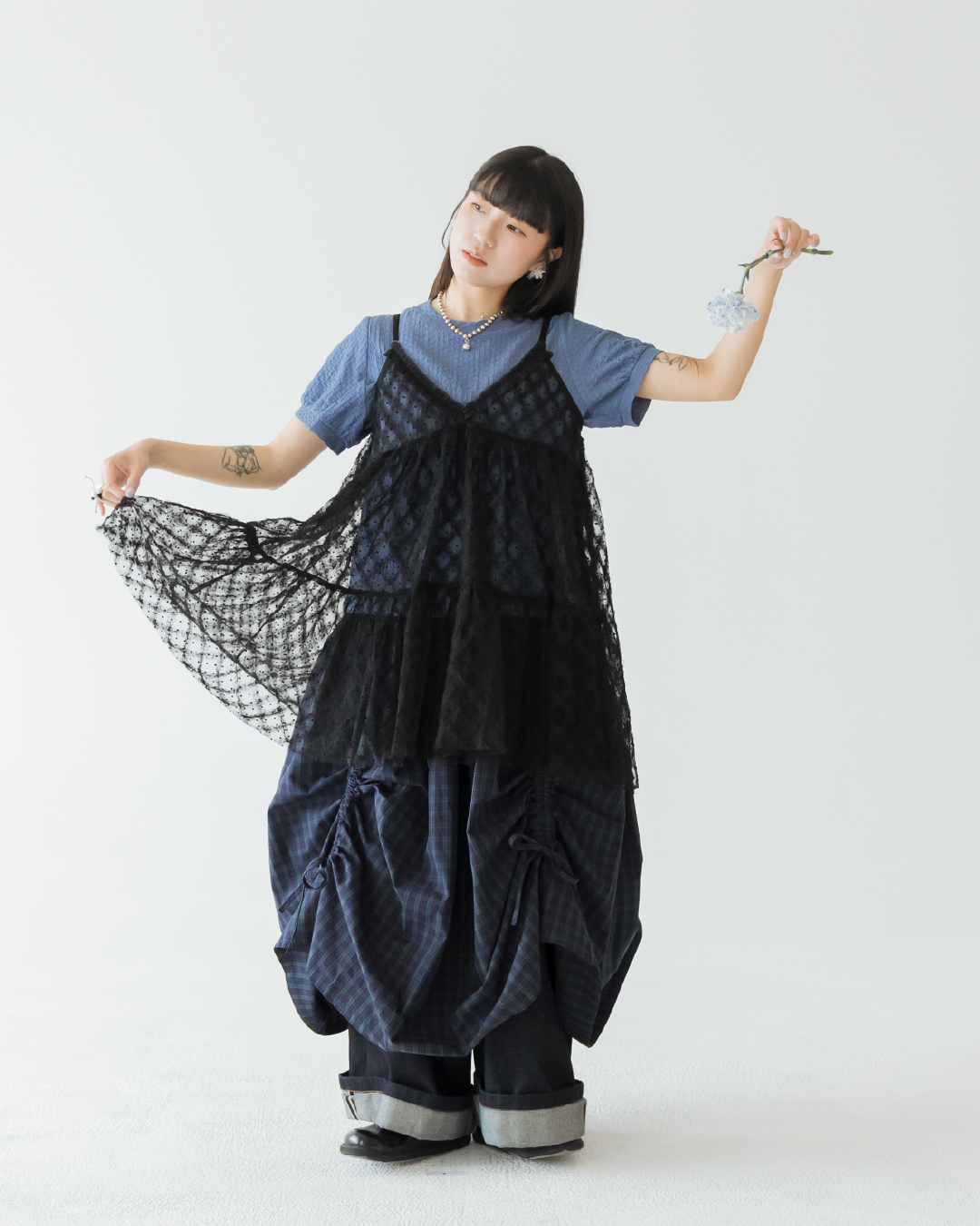 【 Kiki.co made 】Plaid Mesh Multi Slip Top - Black