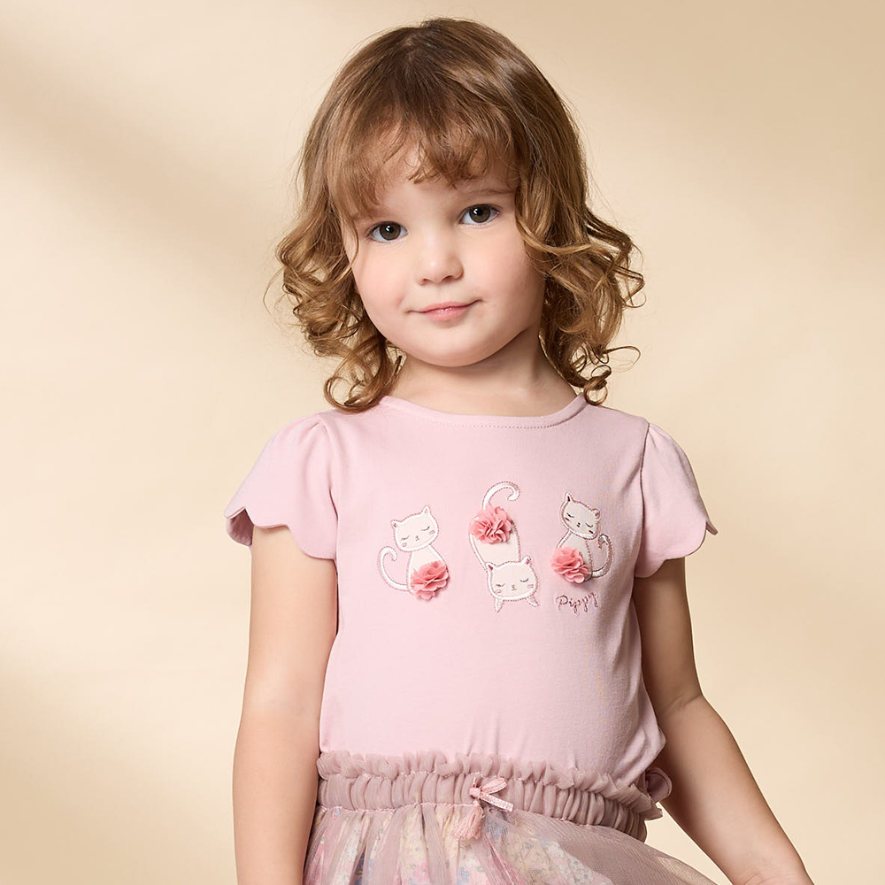 PIPPY 可愛三隻小貓涼感圓領短袖上衣 粉