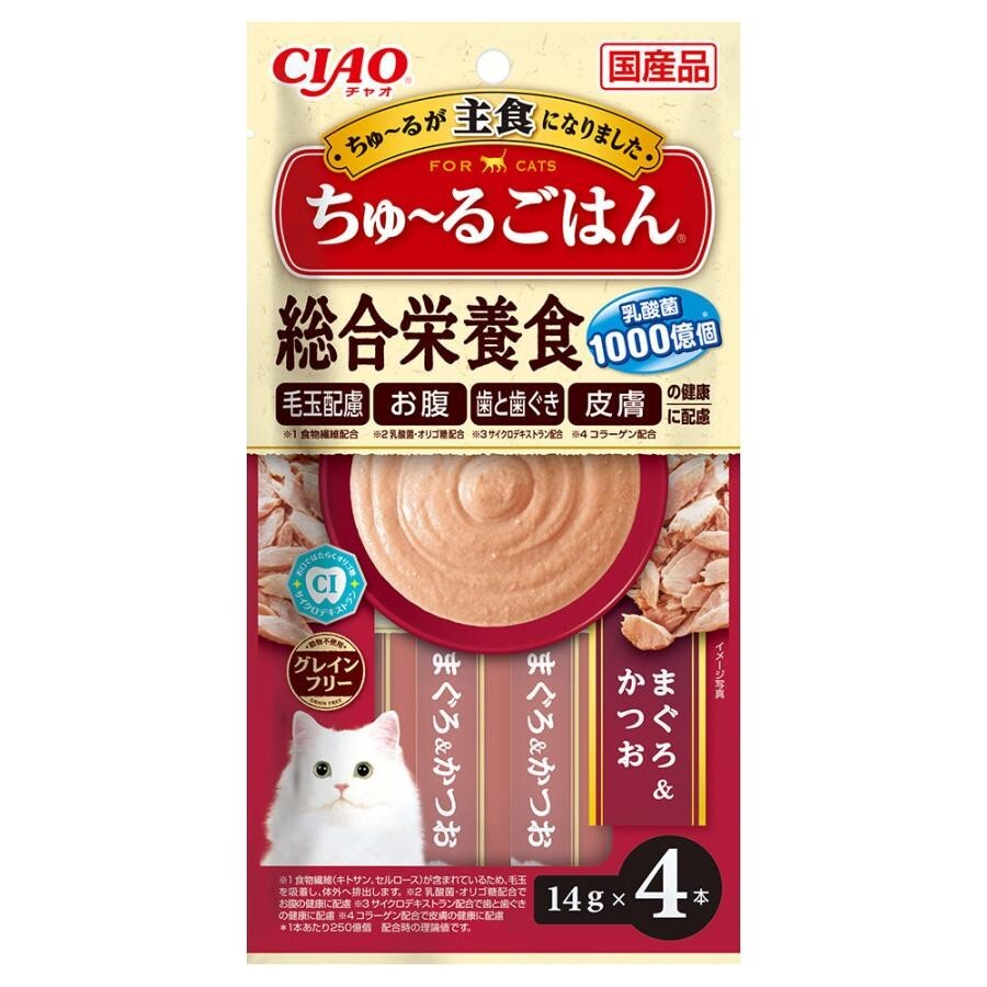 CIAO 貓小食 唧唧醬．綜合營養食 乳酸菌 吞拿魚+鰹魚味14gx4支裝