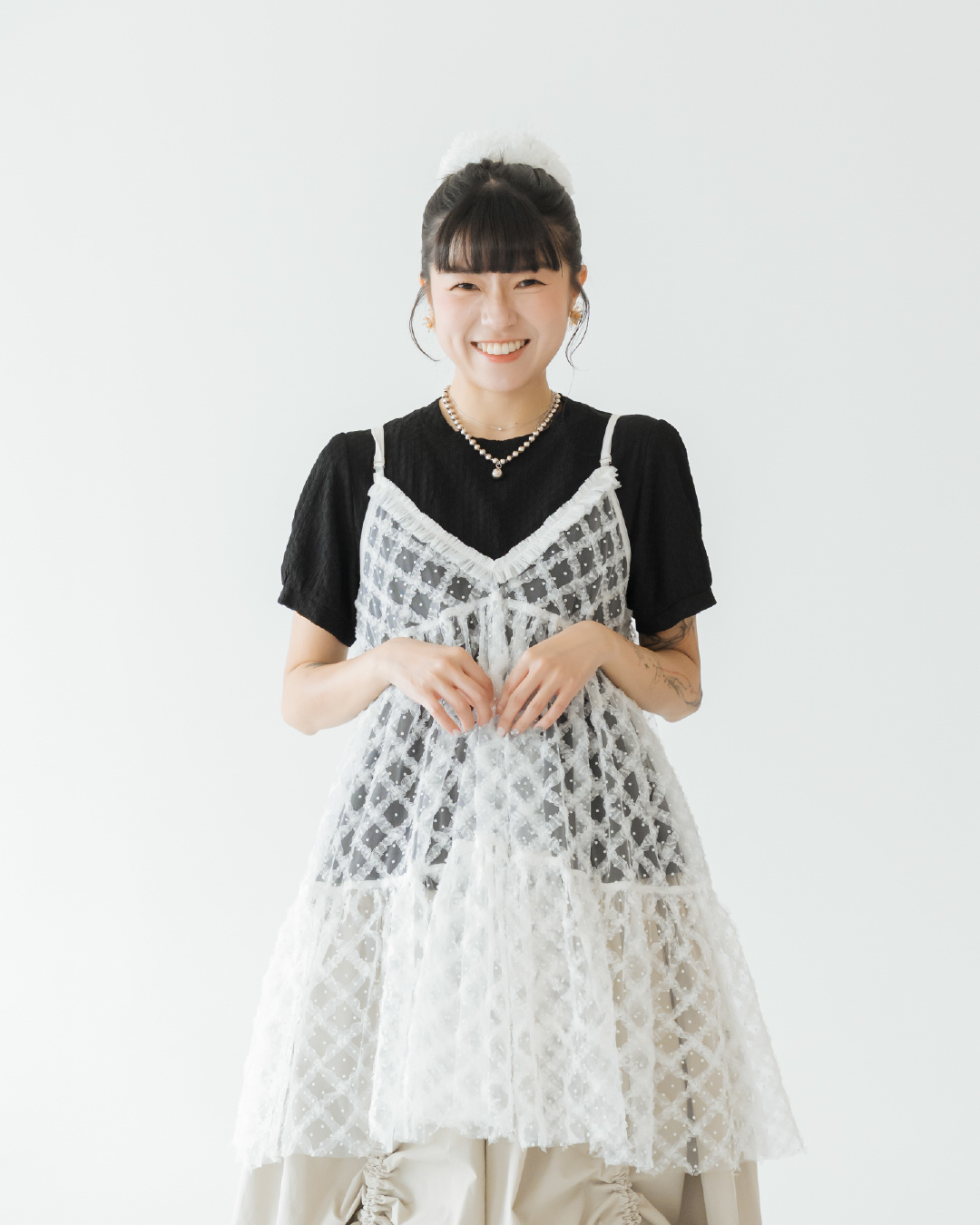 【 Kiki.co made 】Plaid Mesh Multi Slip Top - White