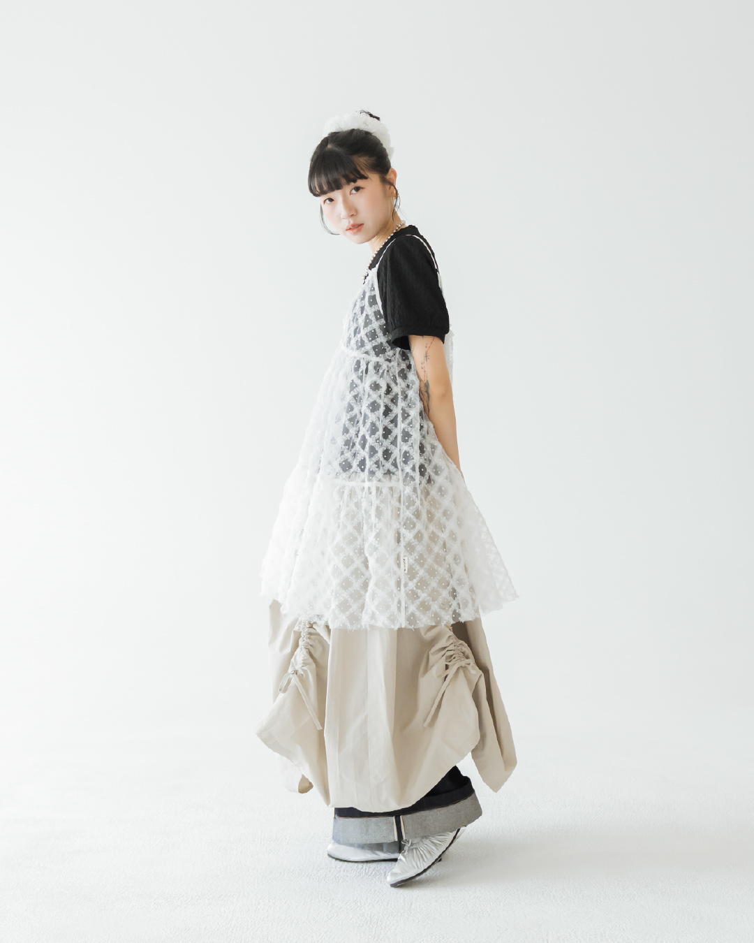 【 Kiki.co made 】Plaid Mesh Multi Slip Top - White