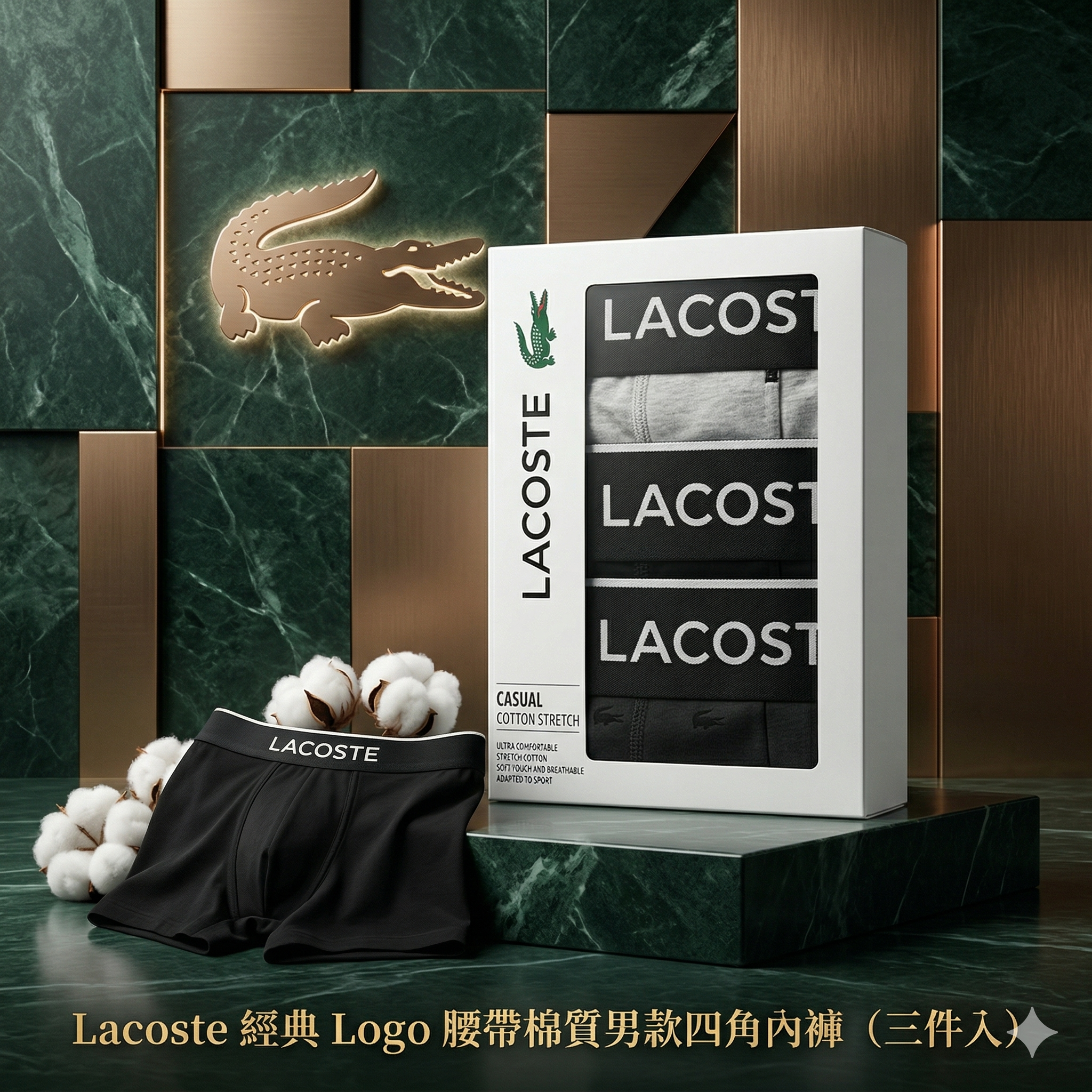 【預購】H0408123 Lacoste 經典 Logo 腰帶棉質男款四角內褲（三件入）