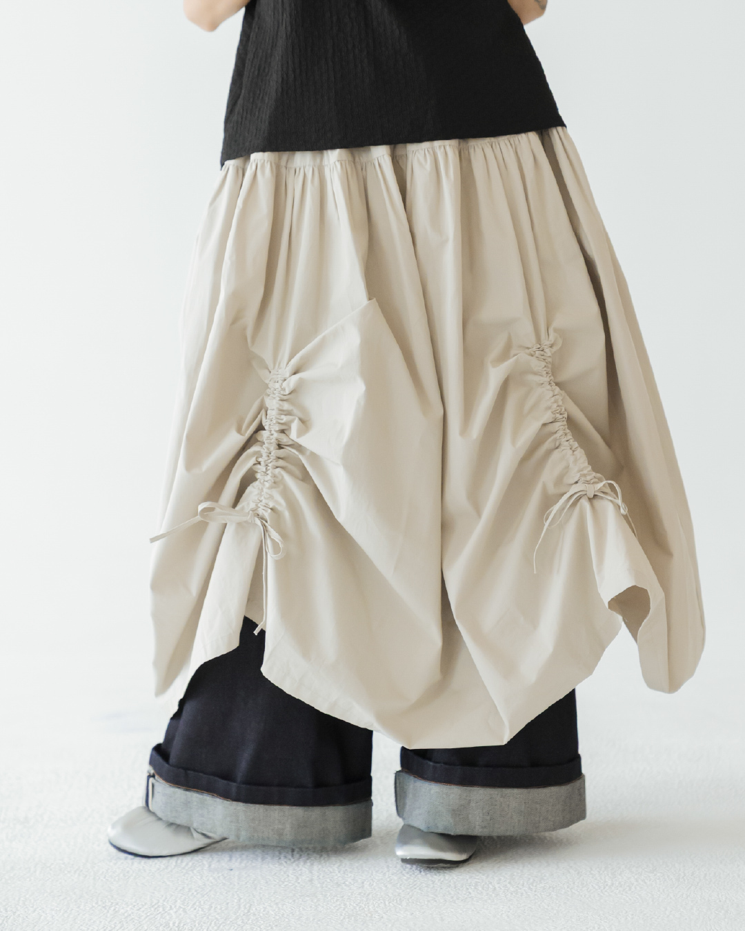 【 Kiki.co made 】Adjustable Drawstring Skirt - Sand Green
