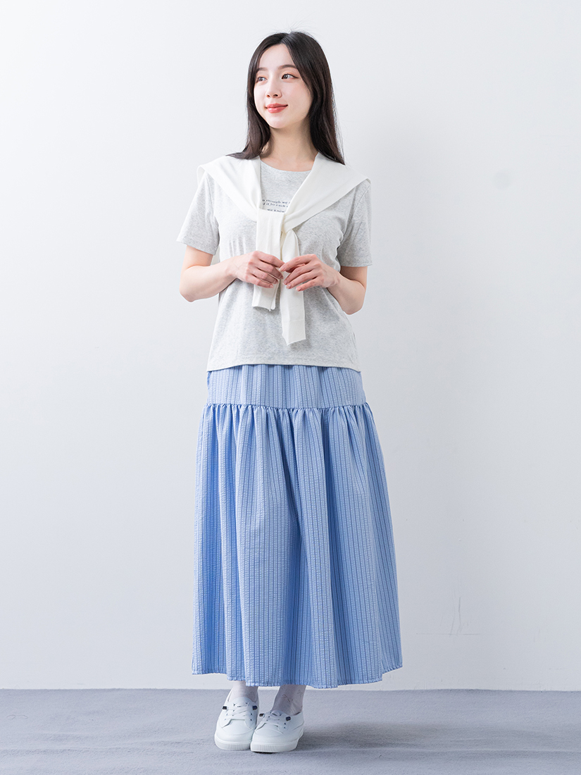 涼感棉印花短袖提織泡泡布抽皺剪接長裙組合