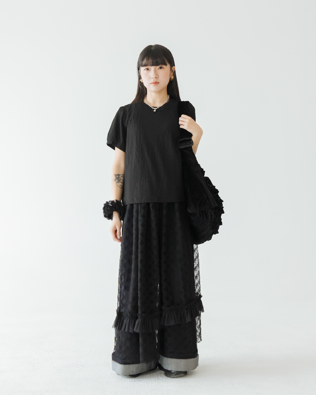 【 Kiki.co made 】Plaid Mesh Multi Layer Mesh Skirt - Black