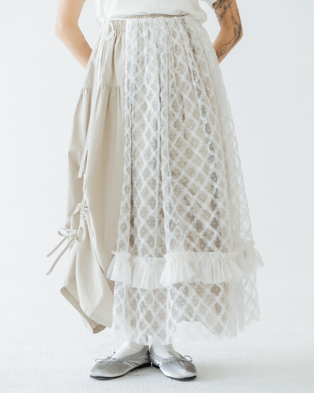 【 Kiki.co made 】Plaid Mesh Multi Layer Mesh Skirt - White