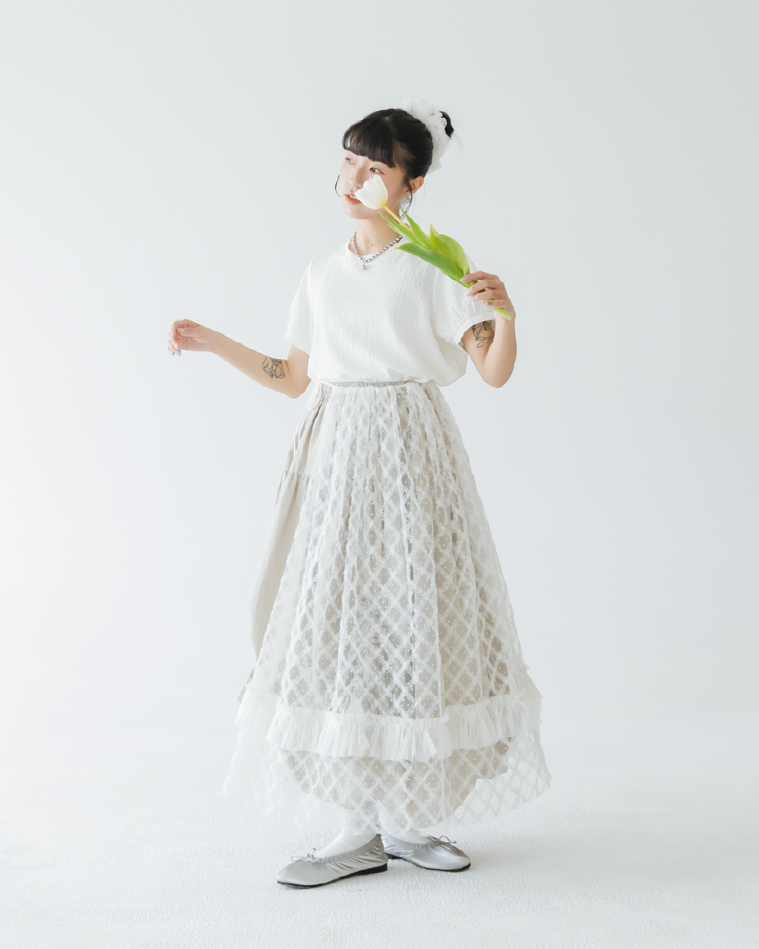 【 Kiki.co made 】Plaid Mesh Multi Layer Mesh Skirt - White