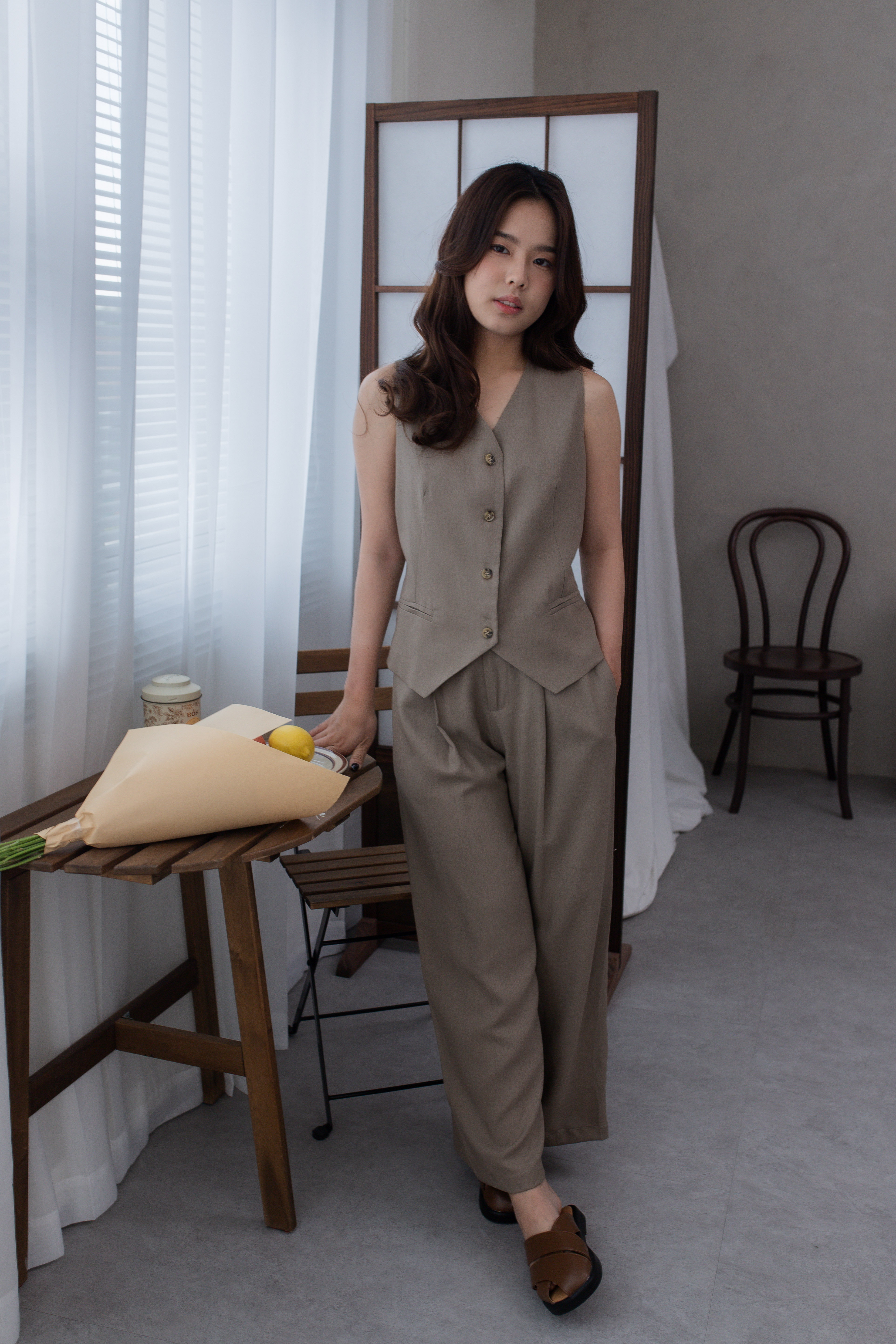 Cecile Linen Vest Khaki - 2672BVKHA